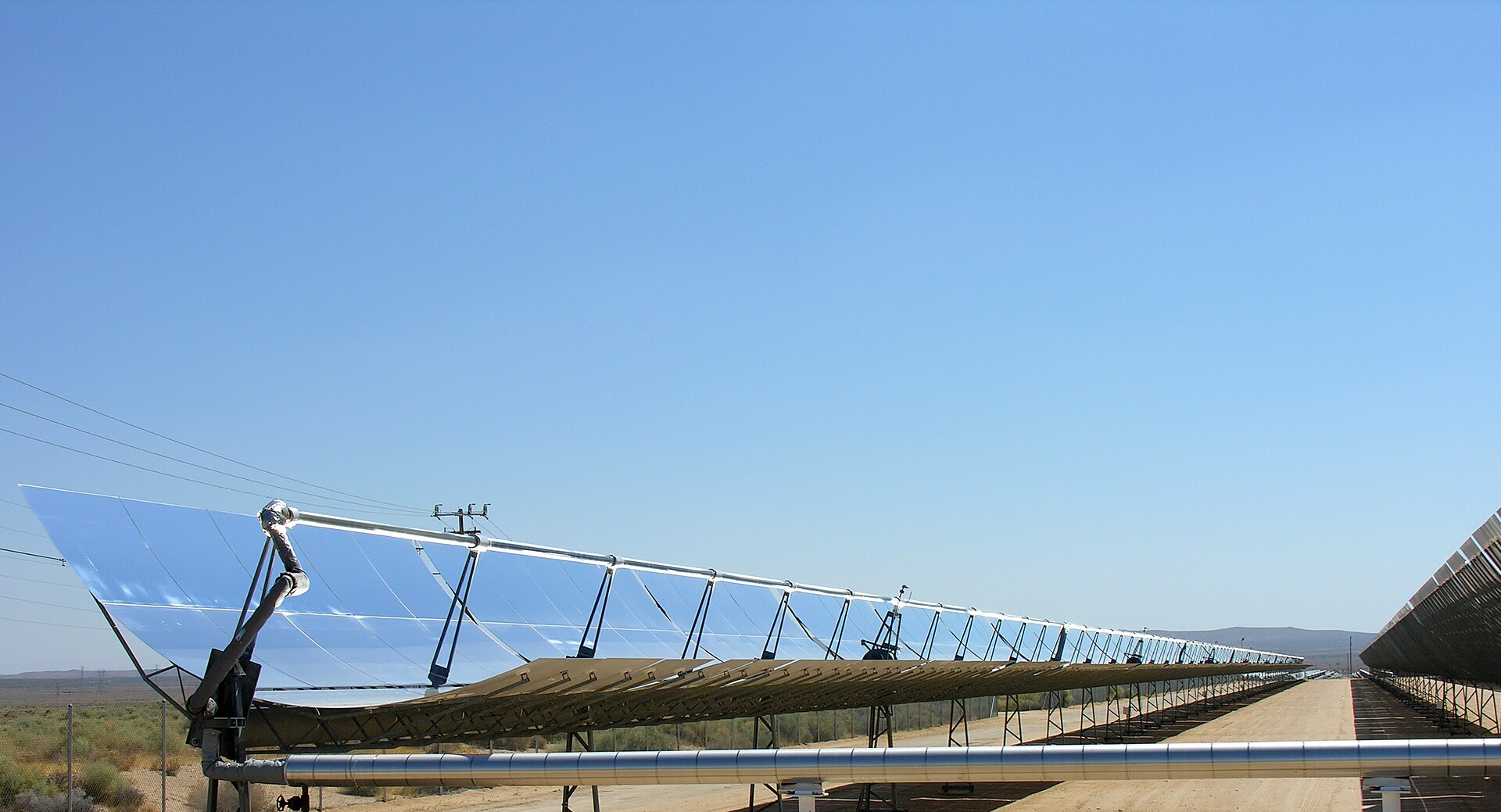 Rows of parabolic trough mirror collectors at a concentrated solar power plant
