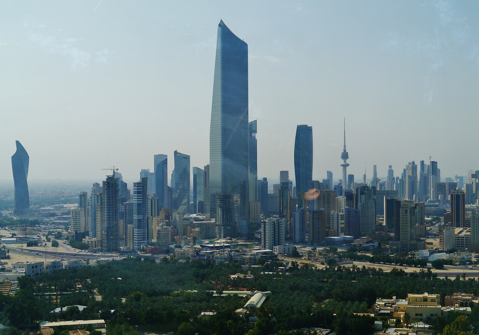 The Kuwait City skyline seen from the Kuwait Towers, with Al Hamra Tower rising at its centre
